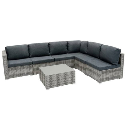 7 Piece Grey Rattan Modular Garden Furniture Set with 700L Storage Box & Glass Table