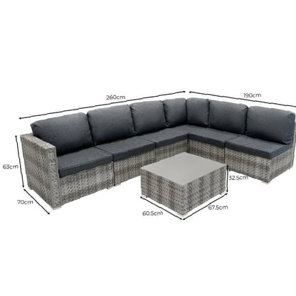 7 Piece Grey Rattan Modular Garden Furniture Set with 700L Storage Box & Glass Table