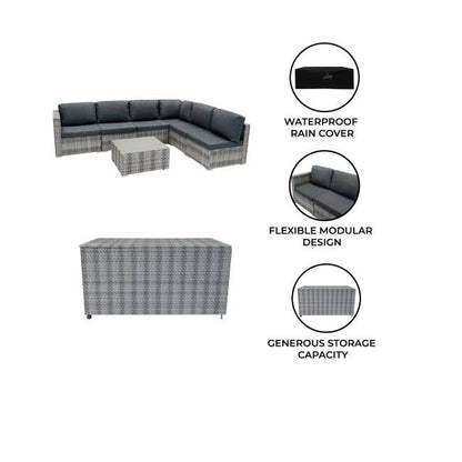7 Piece Grey Rattan Modular Garden Furniture Set with 700L Storage Box & Glass Table