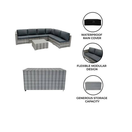 7 Piece Grey Rattan Modular Garden Furniture Set with 700L Storage Box & Glass Table