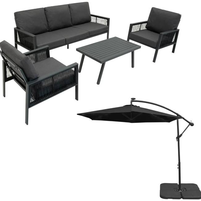 Anthracite Aluminium 4 Piece Garden Sofa Set with Cantilever Parasol & Weighted Base