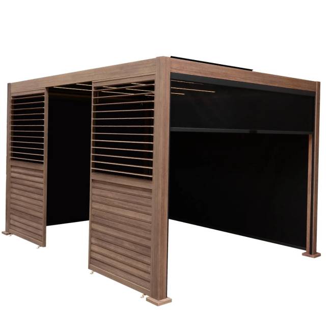 4m x 3m Wood Effect Aluminium Pergola with LED Lights, Blinds & 2 Side Panels