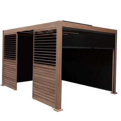4m x 3m Wood Effect Aluminium Pergola with LED Lights, Blinds & 2 Side Panels
