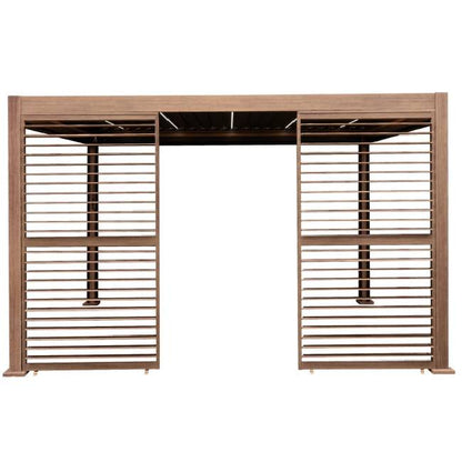 4m x 3m Wood Effect Aluminium Pergola with LED Lights, Blinds & 2 Side Panels
