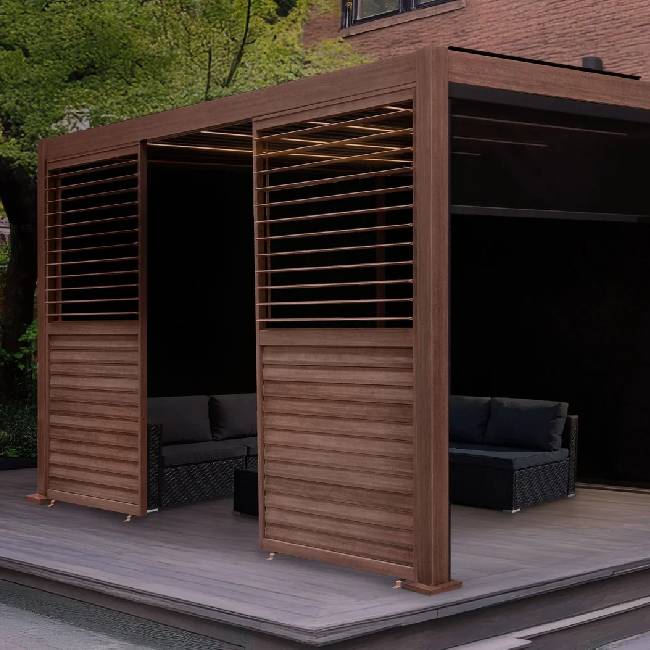 4m x 3m Wood Effect Aluminium Pergola with LED Lights, Blinds & 2 Side Panels