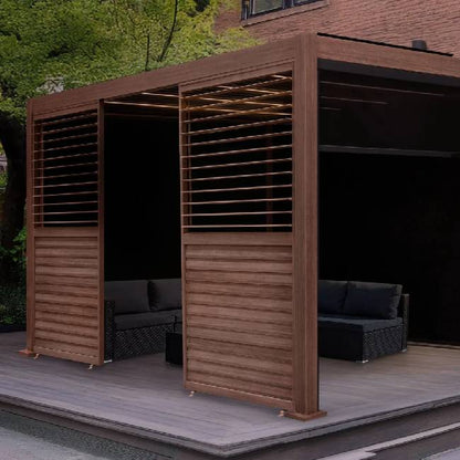 4m x 3m Wood Effect Aluminium Pergola with LED Lights, Blinds & 2 Side Panels