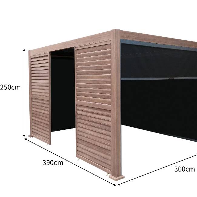 4m x 3m Wood Effect Aluminium Pergola with LED Lights, Blinds & 2 Side Panels