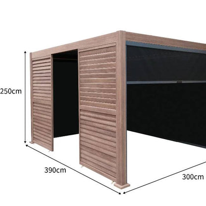 4m x 3m Wood Effect Aluminium Pergola with LED Lights, Blinds & 2 Side Panels